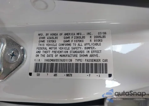 2007 Honda Accord 3.0 Ex из США, поврежденный, VIN 1HGCM66557A001139